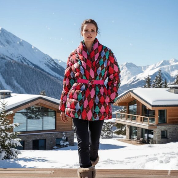 $451 RACHEL ANTONOFF argyle plaid belted puffer jacket S - Picture 11 of 11